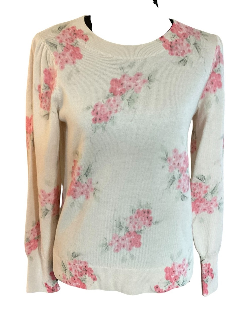 Rebecca Taylor 100% Wool Floral Sweater Medium Ivory Pink Long Sleeve Pullover